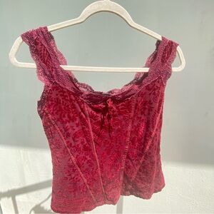 Y2K Ann Ferriday Burgundy Floral Burnout Velvet & Lace Top One Size